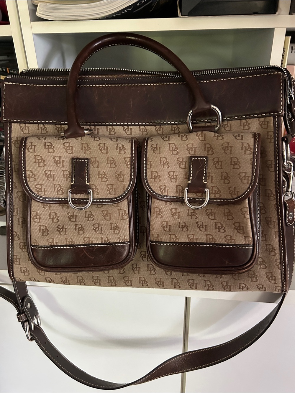 Vintage Dooney and Bourke Signature Jacquard Canvas & Leather Satchel Tote